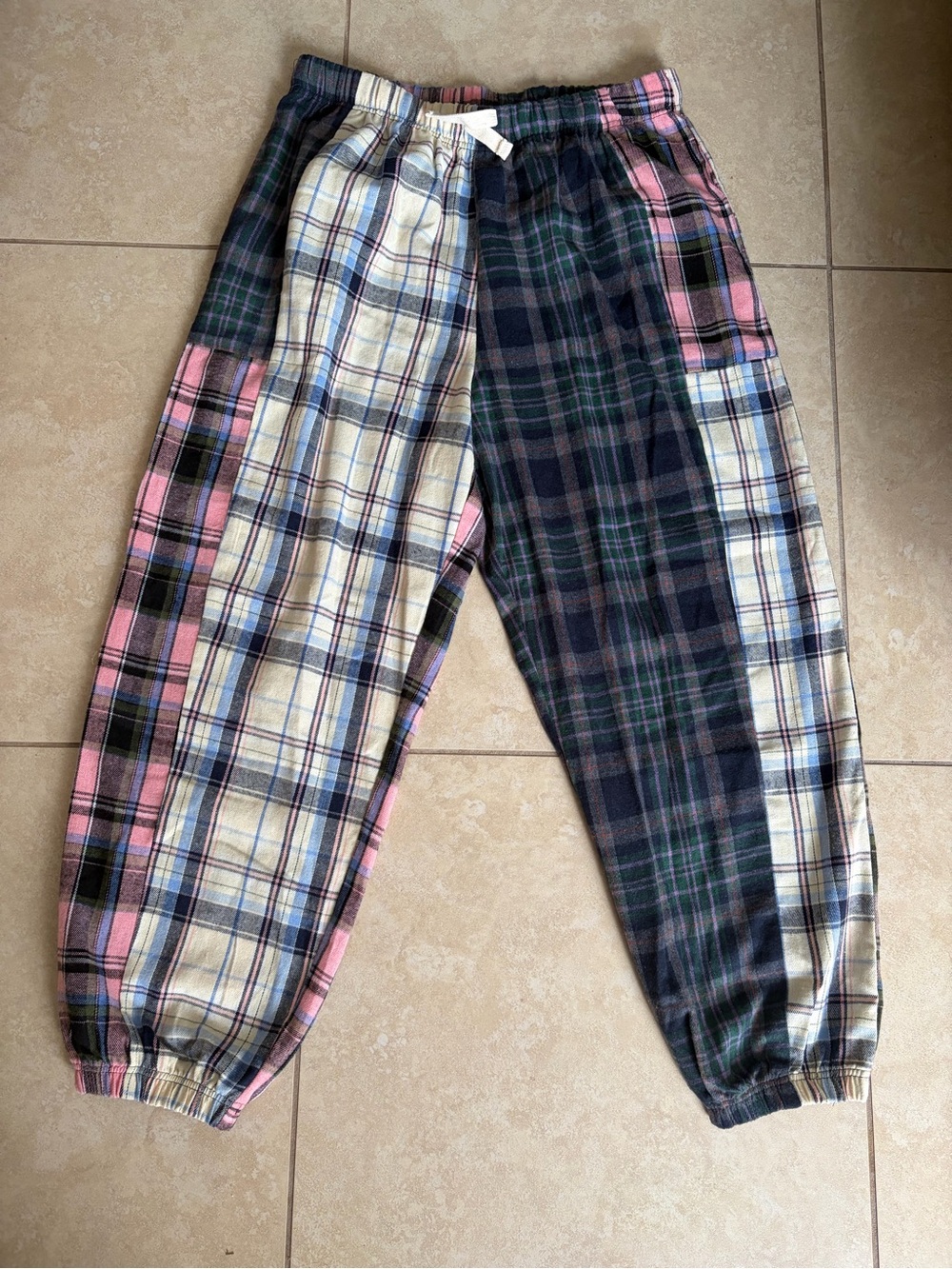NWOT Plaid Patchwork Jogger Pants - Pink, Navy, Cream